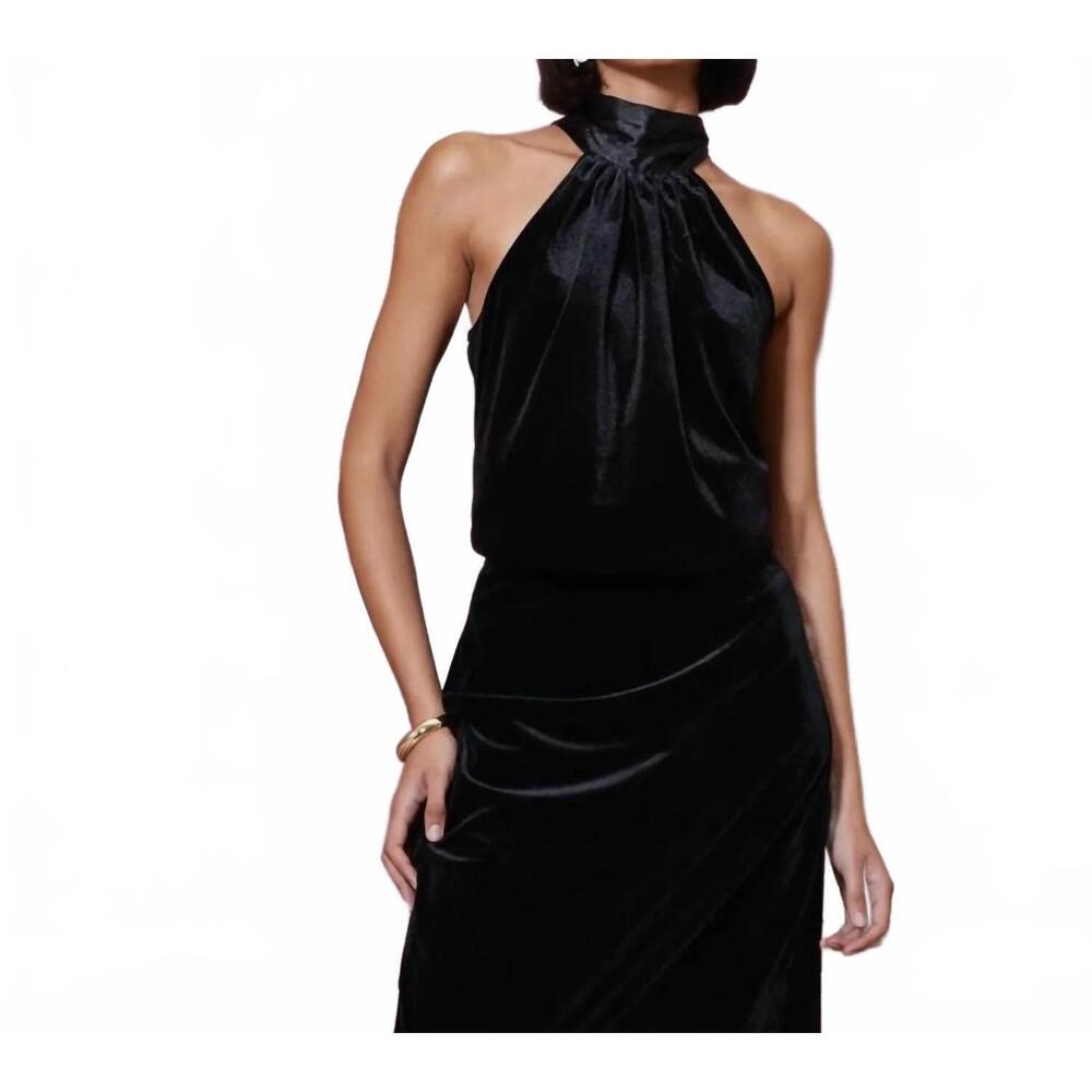 NEW BISHOP + YOUNG luxe velvet bubble hem halter top in black
